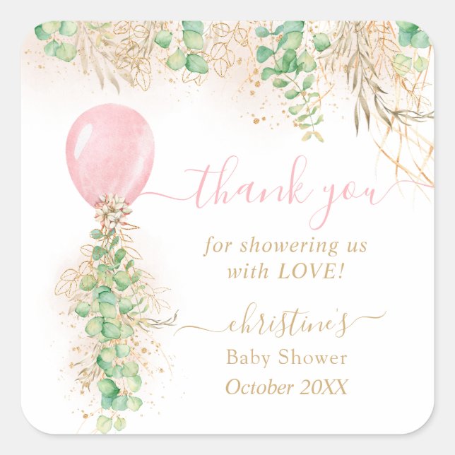 Sticker Carré Aquarelle de ballon Baby shower Floral Merci (Devant)