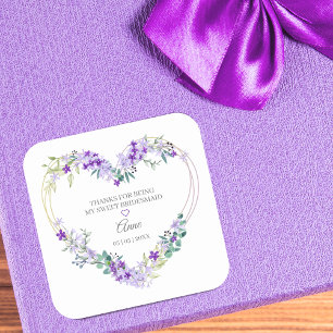 Sticker Carré Aquarelle de Bridesmaid Coeur floral en pourpre