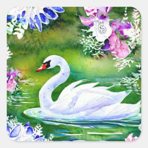 Sticker Carré Aquarelle de cygne