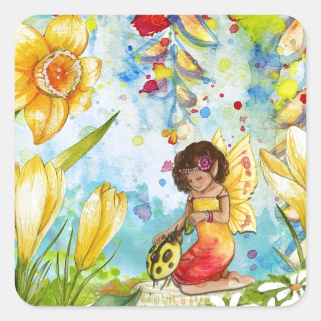 Sticker Carré Aquarelle de fée illustration fantaisie (Devant)