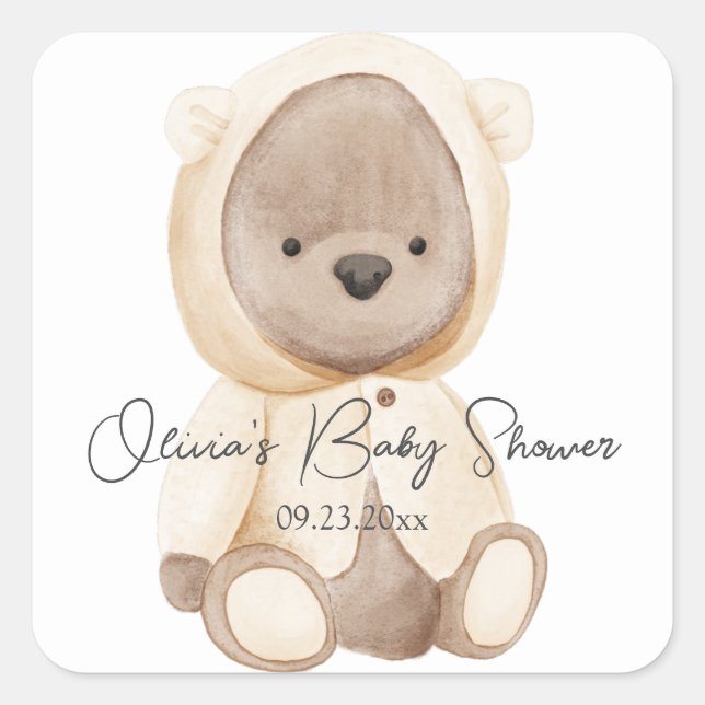 Sticker Carré Aquarelle de l'ours mou Baby shower personnalisé (Devant)