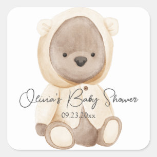 Sticker Carré Aquarelle de l'ours mou Baby shower personnalisé