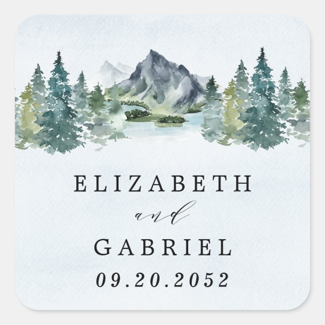 Sticker Carré Aquarelle de montagne Élégant Rustique Mariage à t (Devant)
