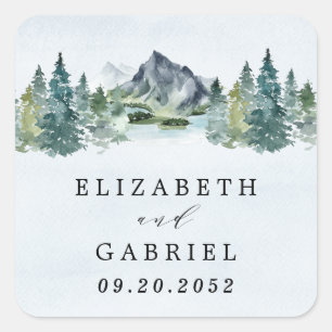 Sticker Carré Aquarelle de montagne Élégant Rustique Mariage à t