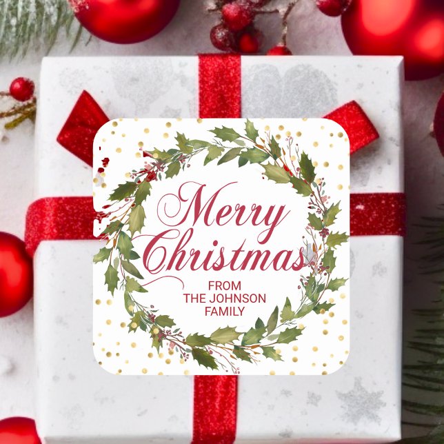 Sticker Carré Aquarelle de Noël Holly Wreath Or Rouge Blanc (Christmas Watercolor Holly Wreath Gold Red White Square Sticker)