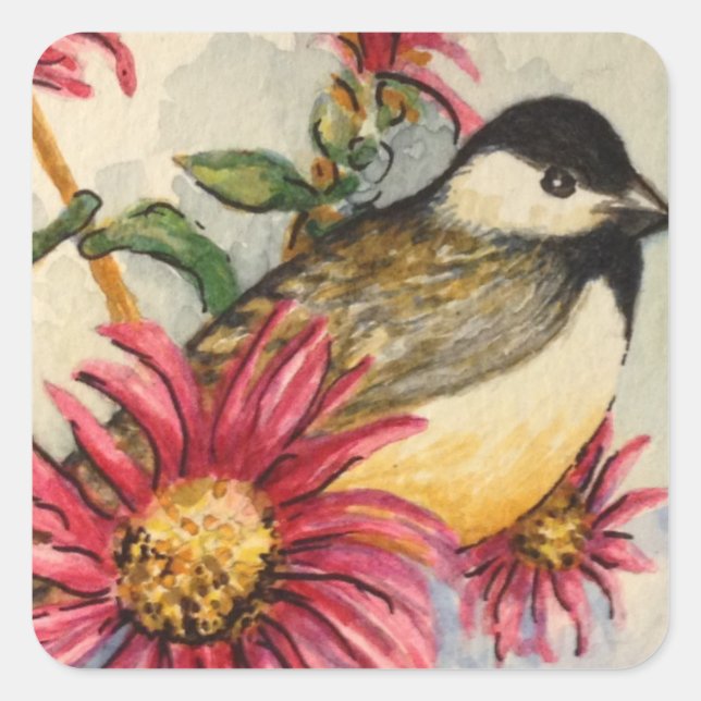 Sticker Carré Aquarelle de poulet de jardin rose pâté (Devant)