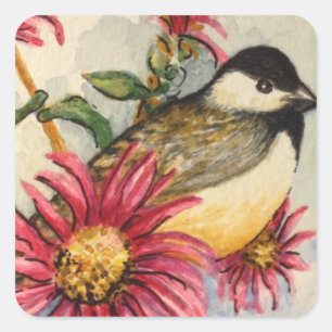 Sticker Carré Aquarelle de poulet de jardin rose pâté