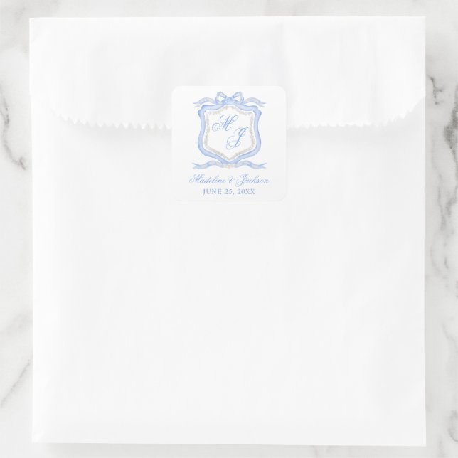Sticker Carré Aquarelle Designer Blue Monogram Crest (Sac)