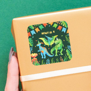 Sticker Carré Aquarelle Dinosaures Garçons Anniversaire