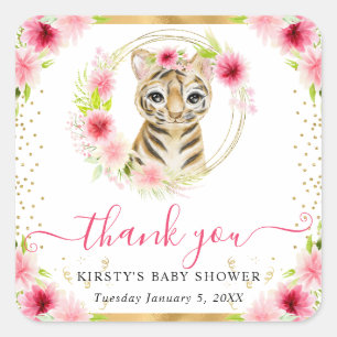 Sticker Carré Aquarelle Douce Fête de Bébé Fleur de Jungle Tigre