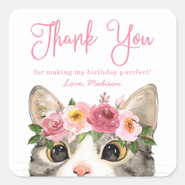 Sticker Carré Aquarelle douce Kitty Merci fête d'anniversaire (Devant)