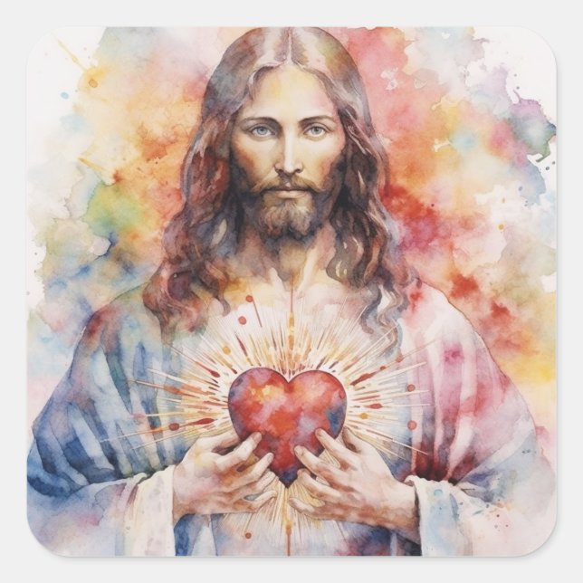 Sticker Carré Aquarelle du coeur sacré de Jésus (Devant)
