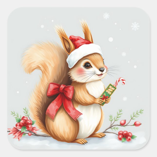 Sticker Carré Aquarelle Écureuil de Noël avec Sucre de canne (Devant)