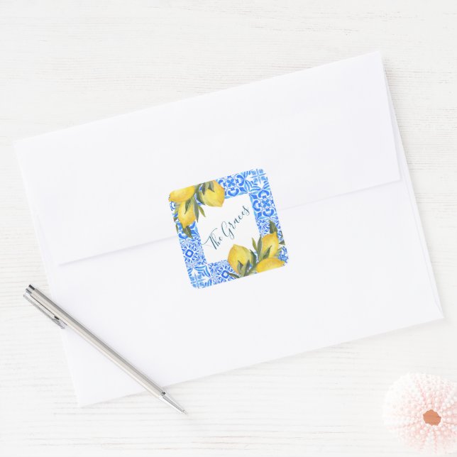 Sticker Carré Aquarelle en mosaïque toscane avec citron (Enveloppe)
