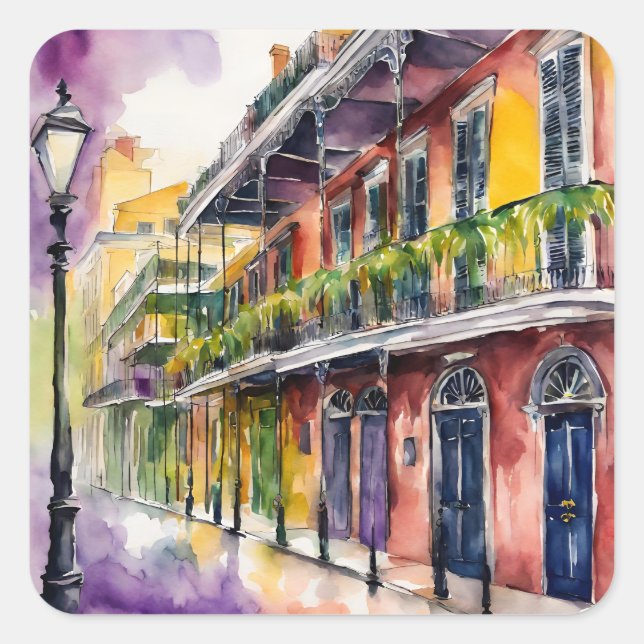 Sticker Carré Aquarelle esthétique Mardi Gras Bourbon Street (Devant)