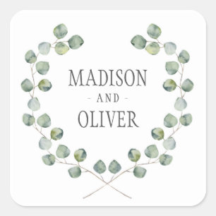 Sticker Carré Aquarelle Eucalyptus cadre feuille   MARIAGE