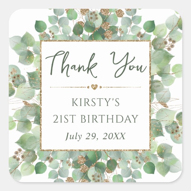 Sticker Carré Aquarelle Eucalyptus Folithe Anniversaire (Devant)