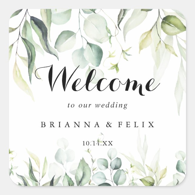 Sticker Carré Aquarelle Eucalyptus Mariage vert Bienvenue (Devant)