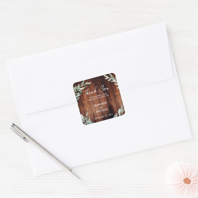 Sticker Carré Aquarelle feuille bois Mariage Merci Favoriser (Enveloppe)