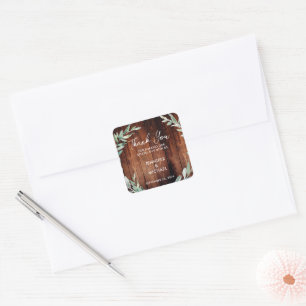 Sticker Carré Aquarelle feuille bois Mariage Merci Favoriser