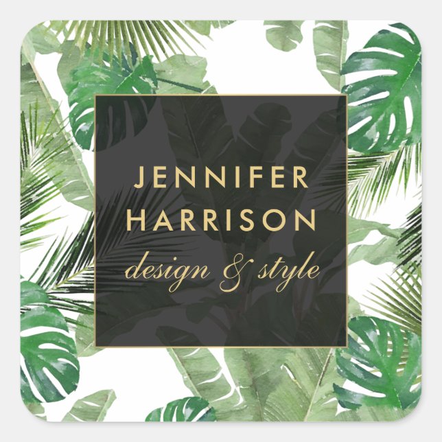 Sticker Carré Aquarelle Feuille tropicale Motif sur blanc (Devant)