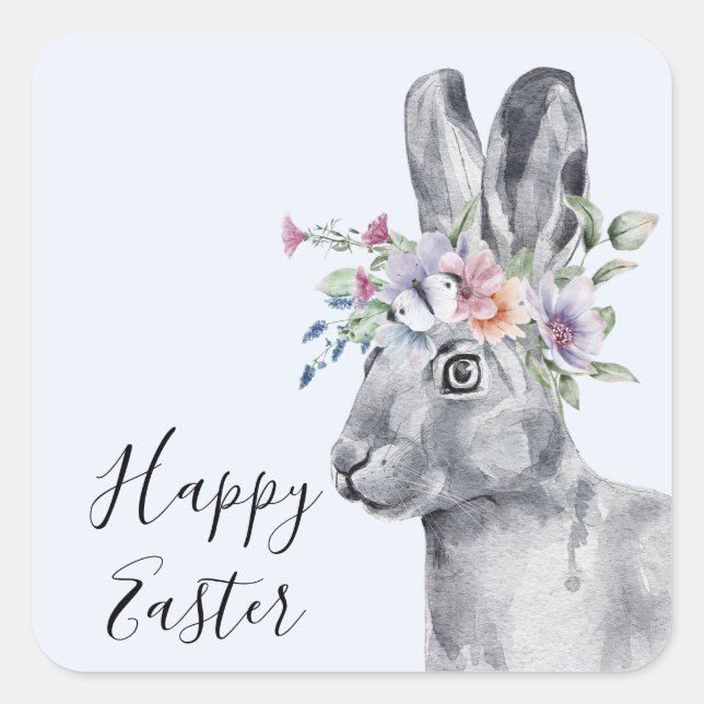 Sticker Carré Aquarelle Fleur Couronne Bunny Pâques (Devant)