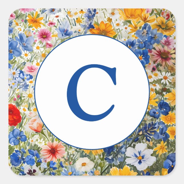 Sticker Carré Aquarelle Fleur sauvage d'été Monogramme (Devant)