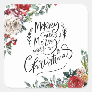 Sticker Carré Aquarelle Fleurie Noël Joyeux avec Houx