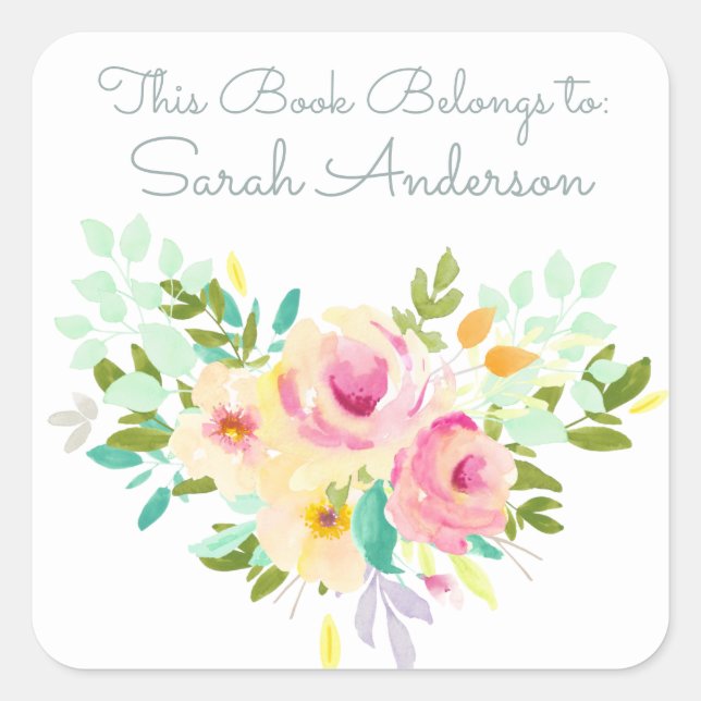 Sticker Carré Aquarelle Fleurs Réserver Plaque Ce Livre Appartie (Devant)