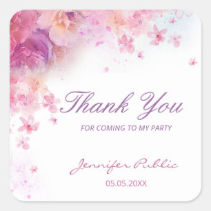 Sticker Carré Aquarelle Fleurs Rose Merci
