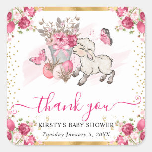 Sticker Carré Aquarelle Fleurs Roses Agneau de Printemps Baby Sh