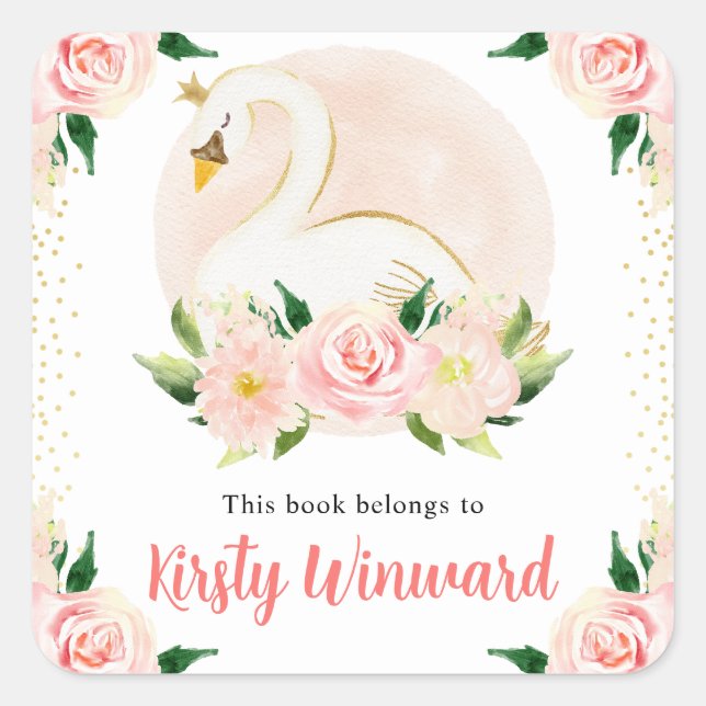 Sticker Carré Aquarelle Fleurs roses et plaque de cygne (Devant)