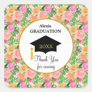 Sticker Carré Aquarelle fleurs roses graduation merci