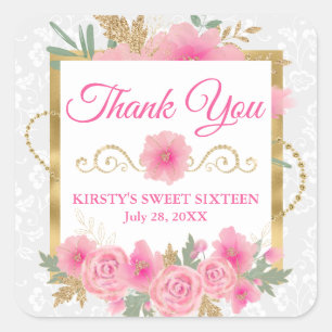 Sticker Carré Aquarelle Fleurs Roses & Or Feuille Sweet Sixteen