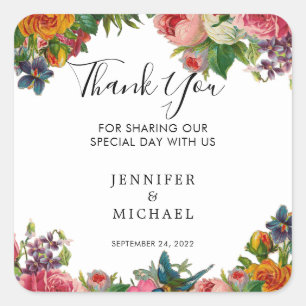 Sticker Carré Aquarelle fleurs vintages Mariage Merci Favoriser