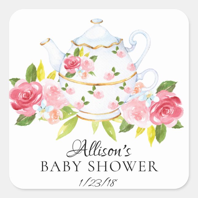 Sticker Carré Aquarelle Floral BABY Tea Party Enveloppe Sceau (Devant)