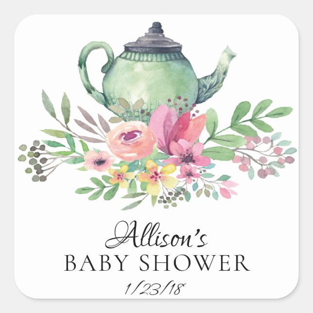 Sticker Carré Aquarelle Floral Baby Tea Party Enveloppe Sceau (Devant)