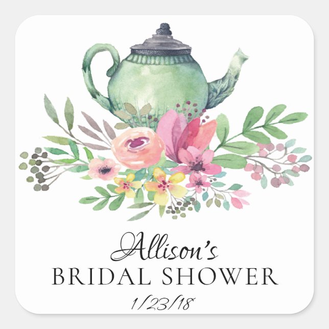 Sticker Carré Aquarelle Floral BRIDAL Tea Party Enveloppe Sceau (Devant)