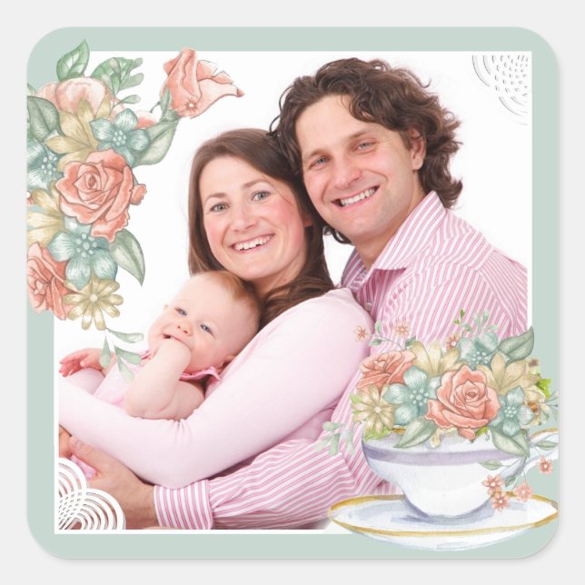 Sticker Carré Aquarelle Floral et Teacup Photo personnalisée (Devant)