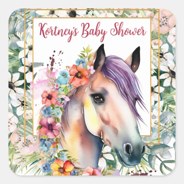 Sticker Carré Aquarelle Floral Horse Baby shower (Devant)