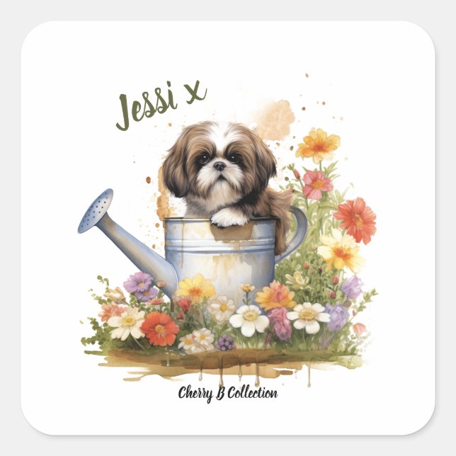 Sticker Carré Aquarelle Floral Shih Tzu, peut être personnalisé (Devant)