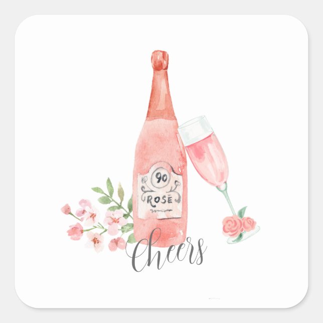 Sticker Carré Aquarelle florale et design de vin rosé. (Devant)