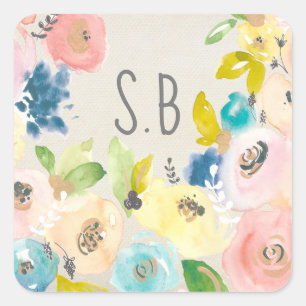 Sticker Carré Aquarelle Florale Plaque de livre Monogramme Ex Li