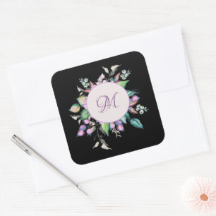 Sticker Carré Aquarelle florale rose moderne Monogramme élégant