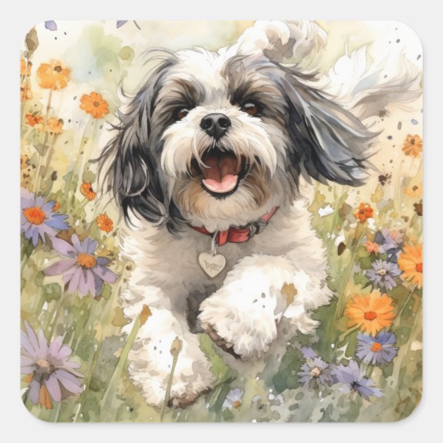 Sticker Carré Aquarelle florale Shih Tzu courant à travers la fl (Devant)