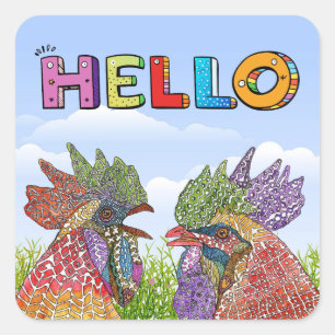 Sticker Carré Aquarelle Funny Agritourisme poulet Hello Carré St