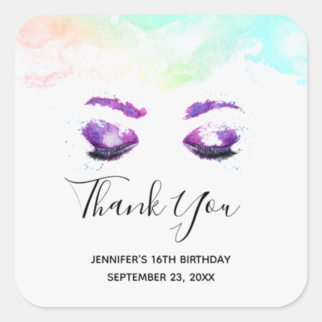 Sticker Carré Aquarelle glamour aux yeux et aux bouillons pourpr (Devant)