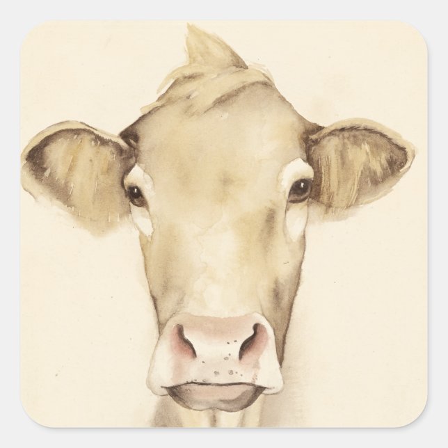 Sticker Carré Aquarelle Grange Animaux | Vache (Devant)