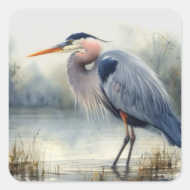 Sticker Carré Aquarelle Great Blue Heron Water Bird Faune (Devant)