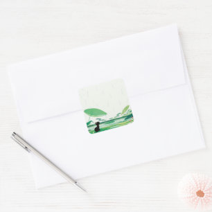 Sticker Carré Aquarelle Grenouille de chat dans la pluie